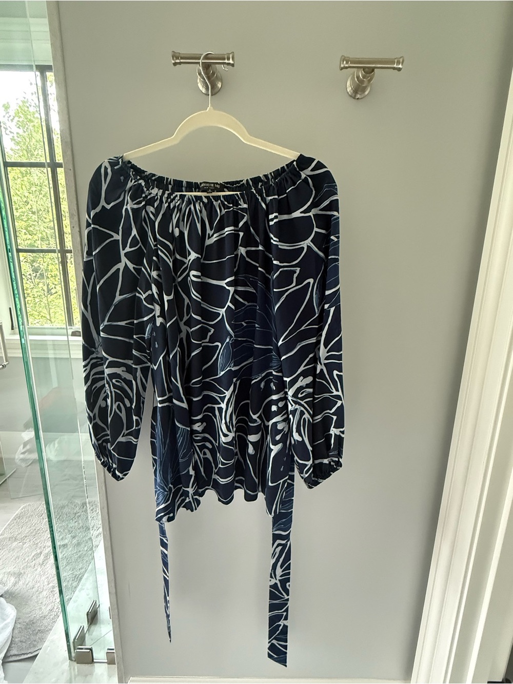 Lafayette 148 New York Navy and White Floral Off-Shoulder Blouse